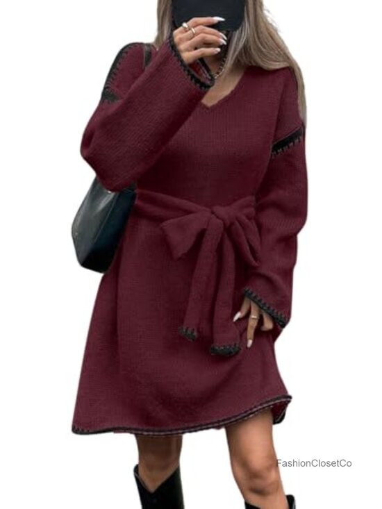 Sweaters - Contrast Trim Knit Sweater Dress with Belt Casual Loose